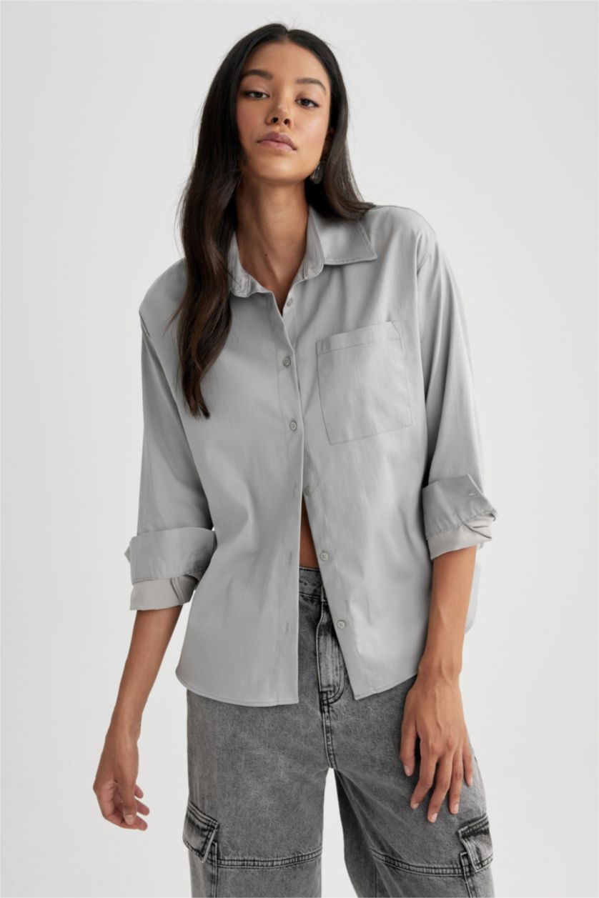 WOMAN Light Grey Oversize Fit Poplin Long Sleeve Shirt