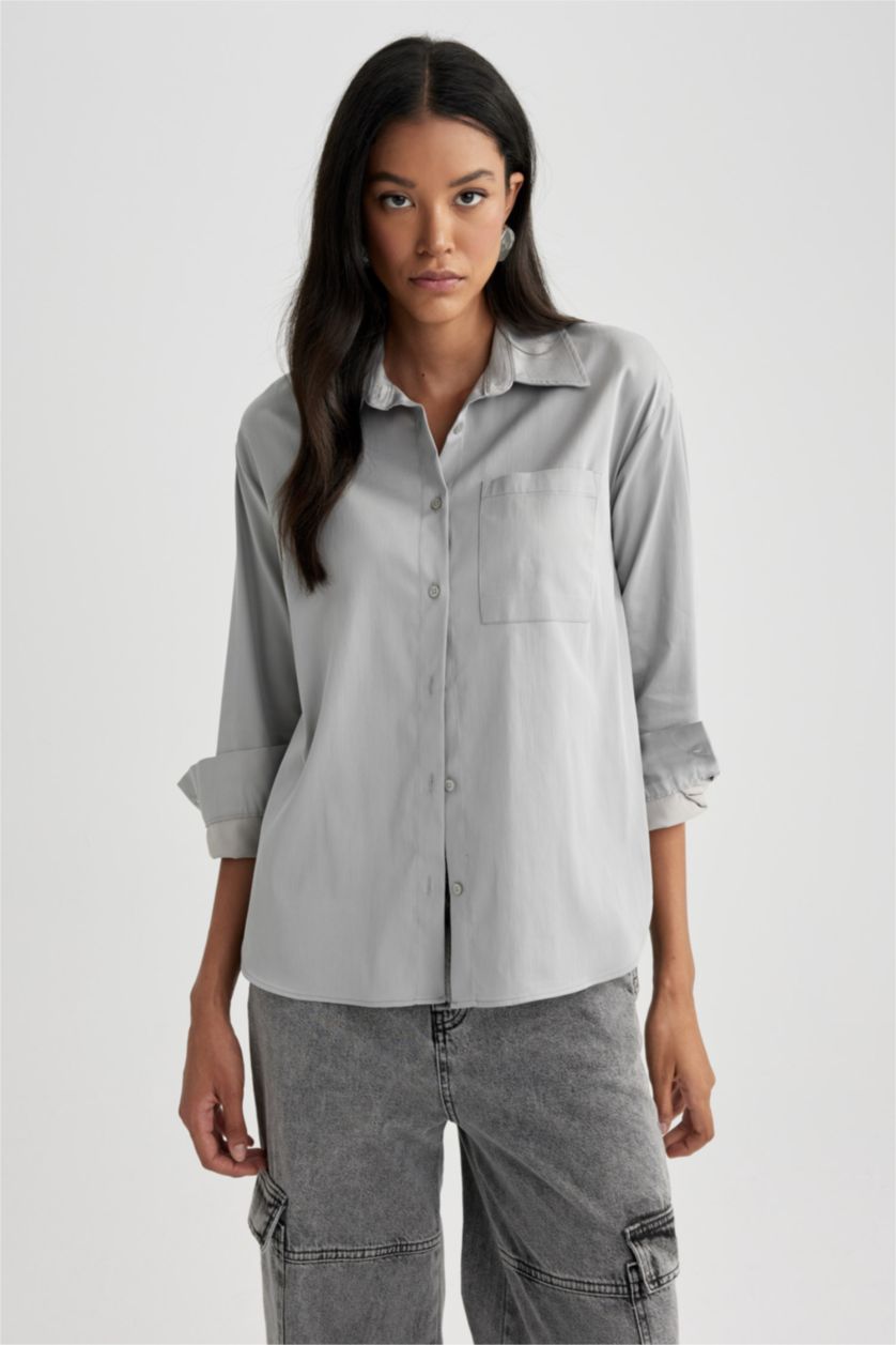 WOMAN Light Grey Oversize Fit Poplin Long Sleeve Shirt