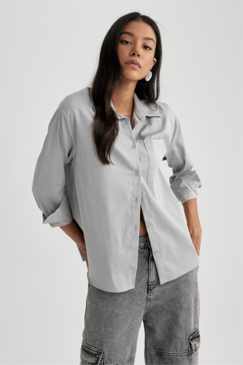 WOMAN Light Grey Oversize Fit Poplin Long Sleeve Shirt
