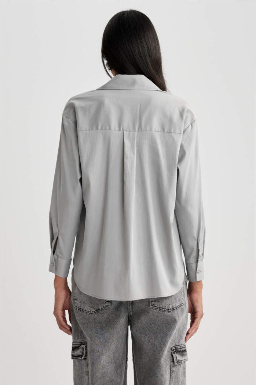 WOMAN Light Grey Oversize Fit Poplin Long Sleeve Shirt