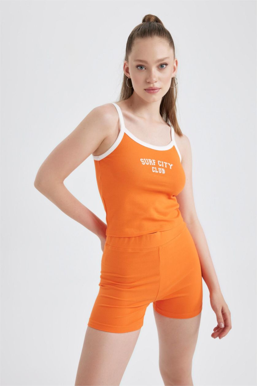 Woman Orange Fitted Slogan Patterned Crop Top