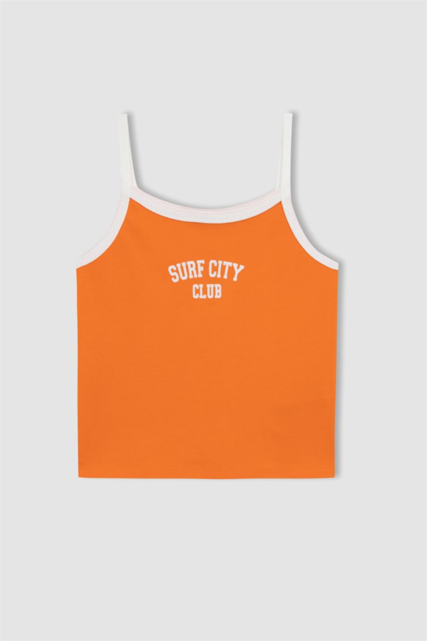 Woman Orange Fitted Slogan Patterned Crop Top