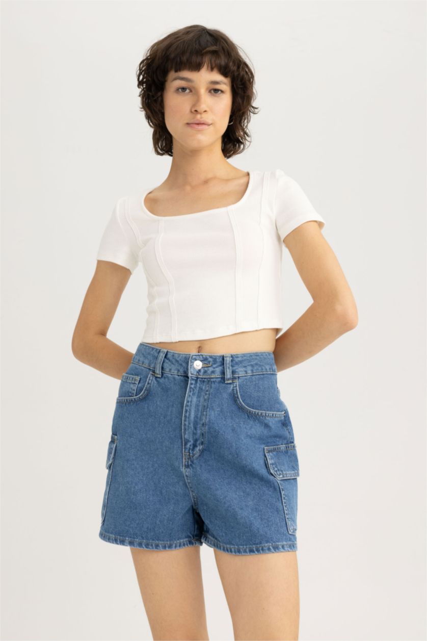 نساء أزرق شورت جينز قطن موم فيت بخصر عالي