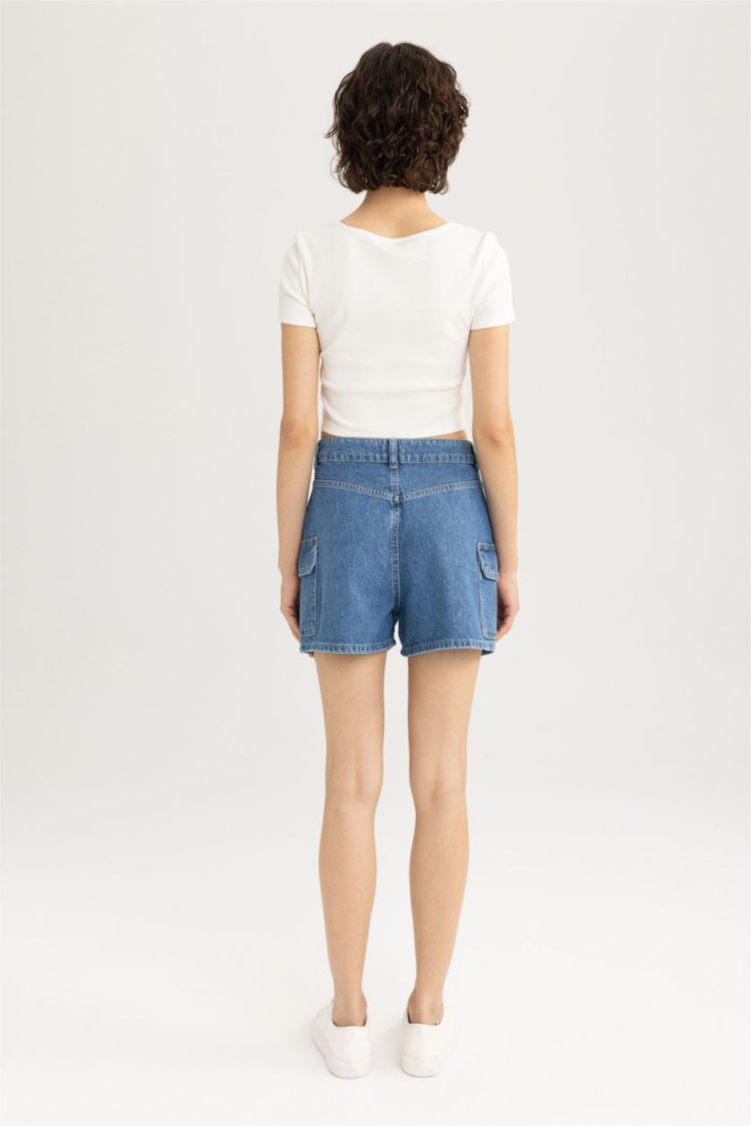 نساء أزرق شورت جينز قطن موم فيت بخصر عالي