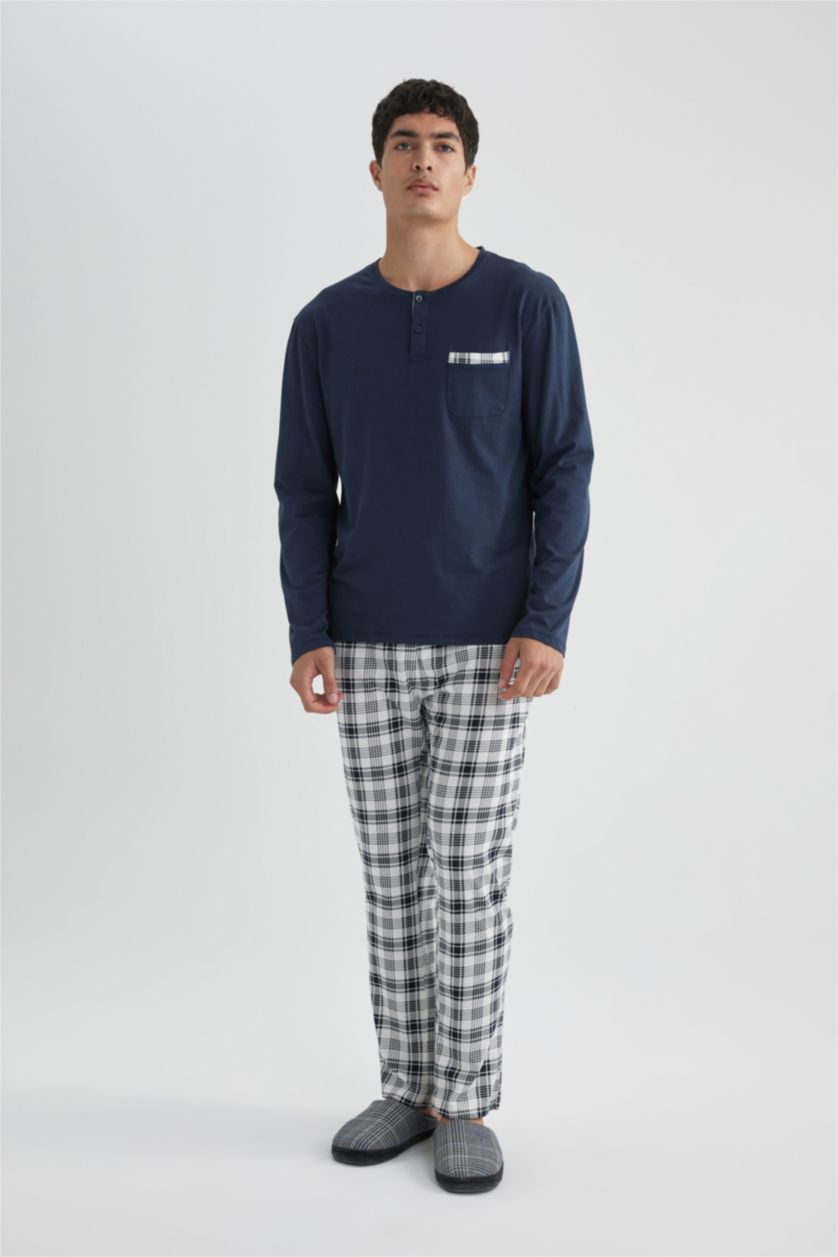 Erkek Lacivert Regular Fit Pijama Takımı Uzun Kollu Üst Kareli Uzun Alt