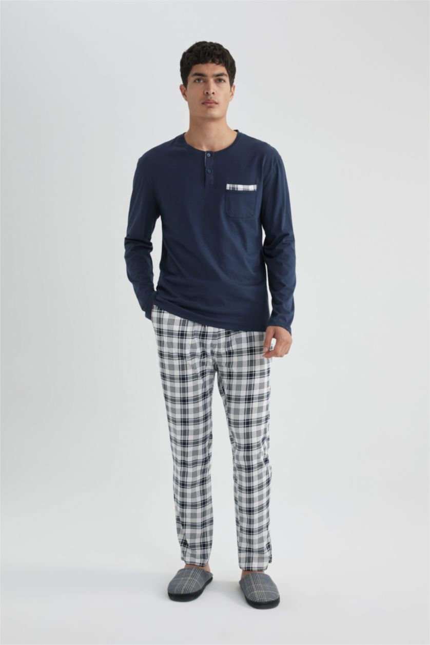 Erkek Lacivert Regular Fit Pijama Takımı Uzun Kollu Üst Kareli Uzun Alt