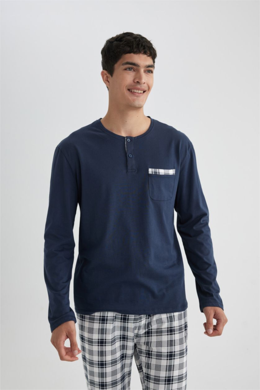 Erkek Lacivert Regular Fit Pijama Takımı Uzun Kollu Üst Kareli Uzun Alt