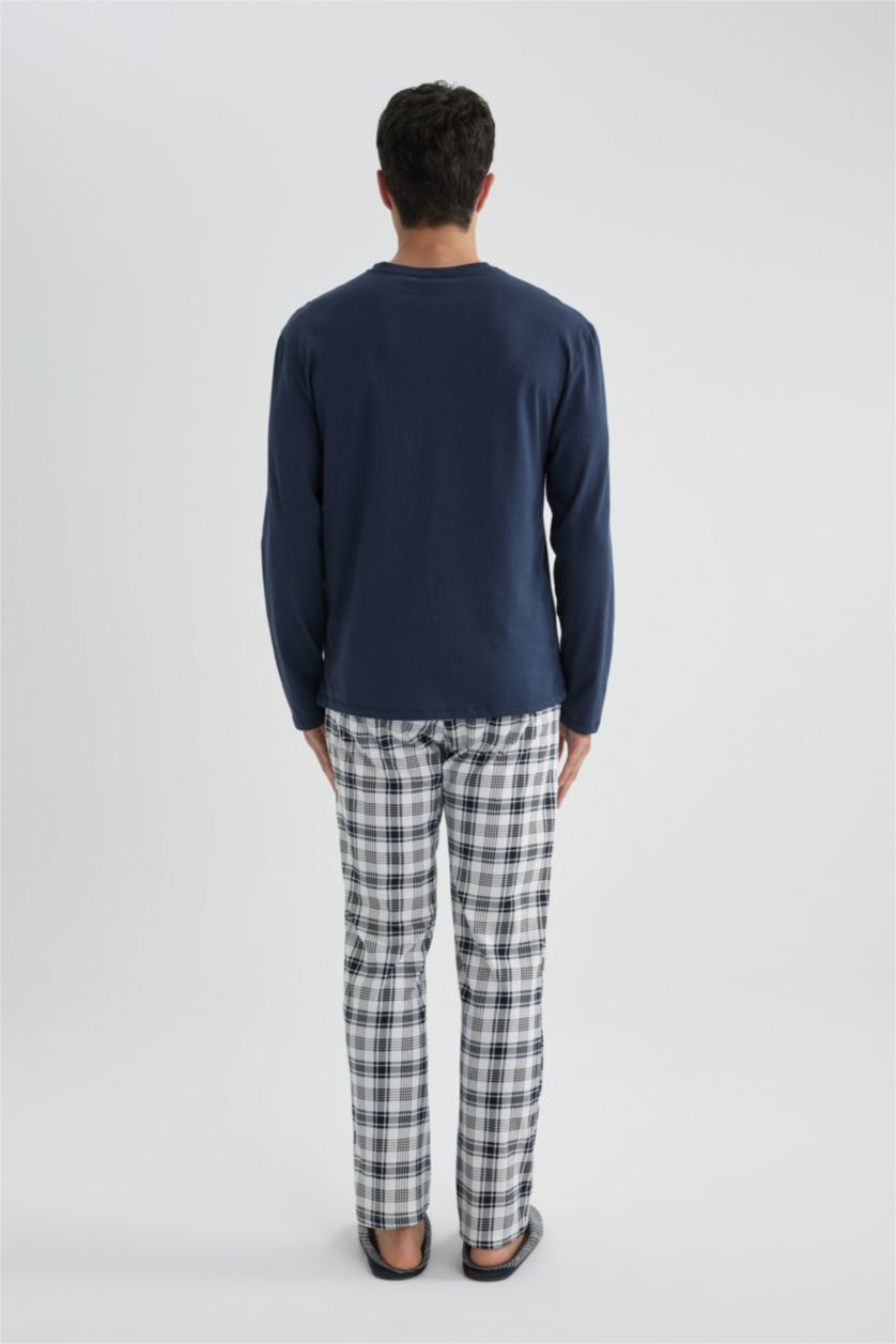 Erkek Lacivert Regular Fit Pijama Takımı Uzun Kollu Üst Kareli Uzun Alt