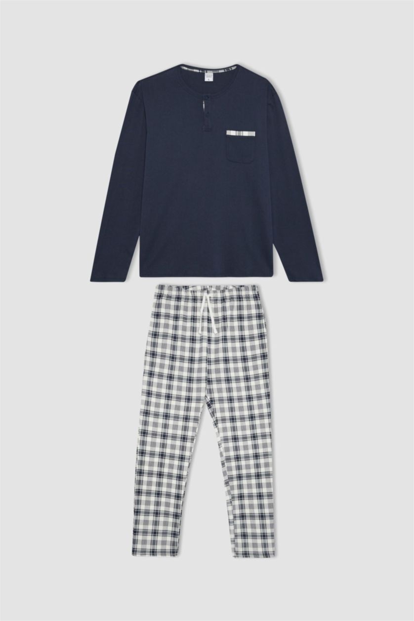 Erkek Lacivert Regular Fit Pijama Takımı Uzun Kollu Üst Kareli Uzun Alt
