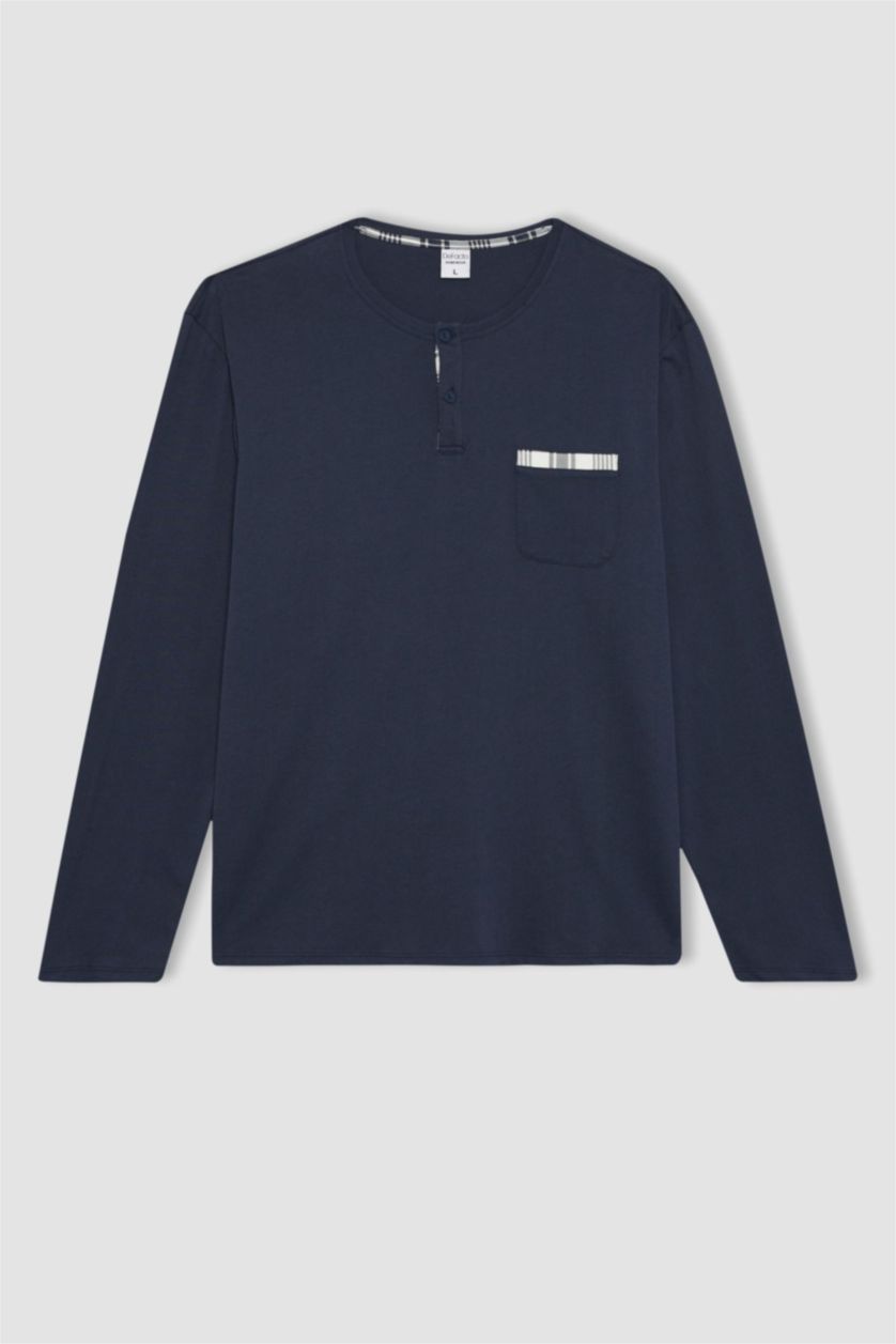 Erkek Lacivert Regular Fit Pijama Takımı Uzun Kollu Üst Kareli Uzun Alt