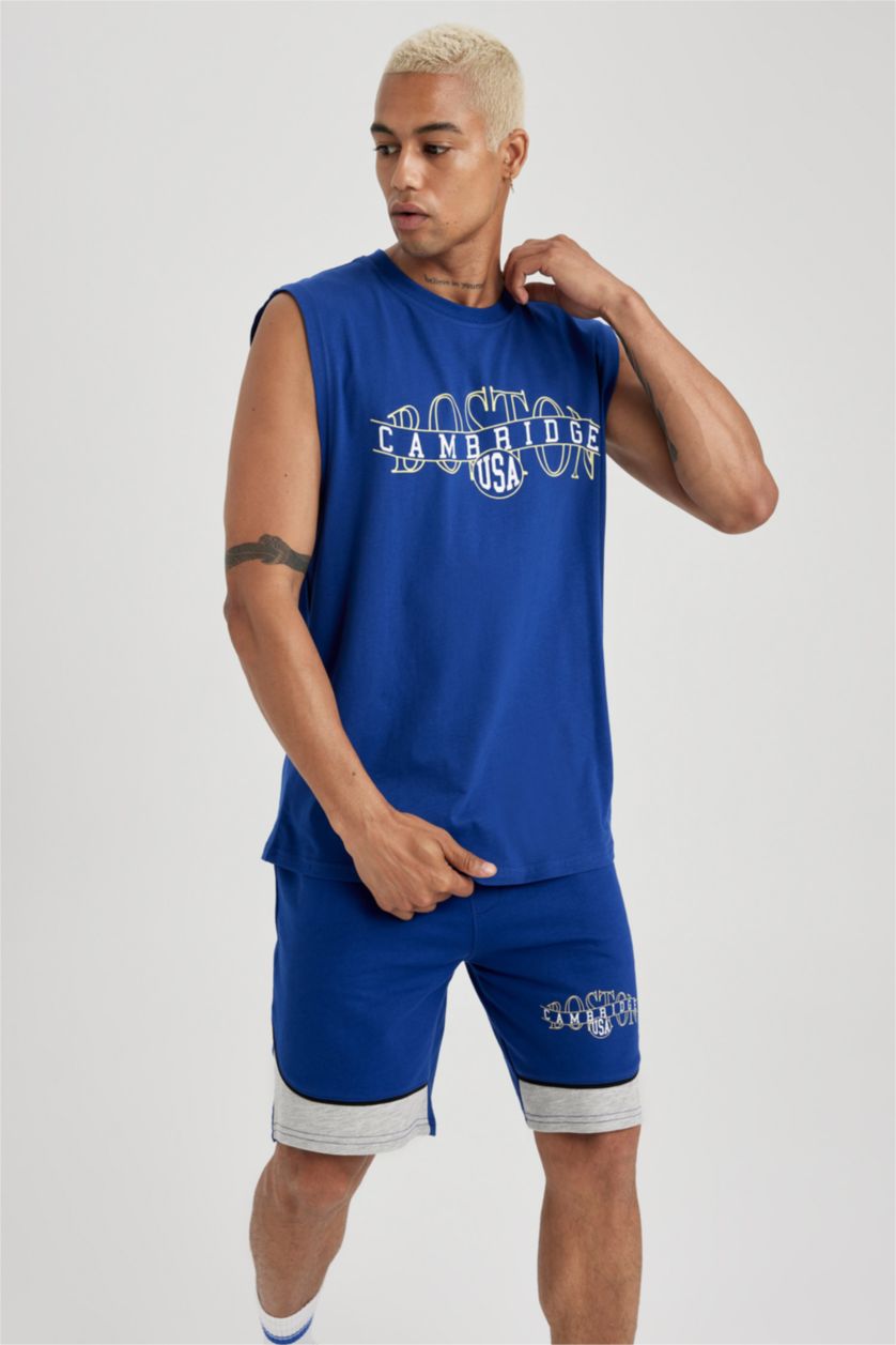 رجال أزرق فاقع تي شيرت اوفر سايز بدون أكمام مطبوع