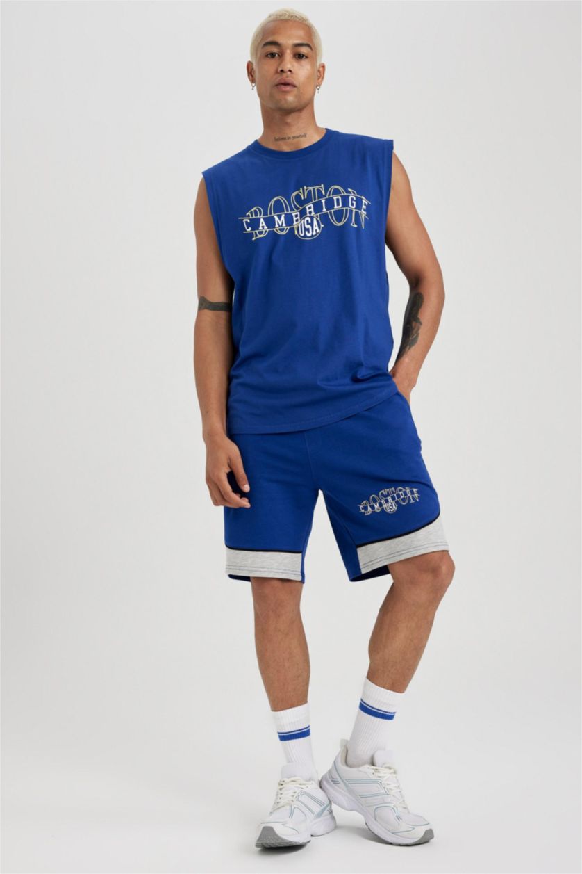 رجال أزرق فاقع تي شيرت اوفر سايز بدون أكمام مطبوع