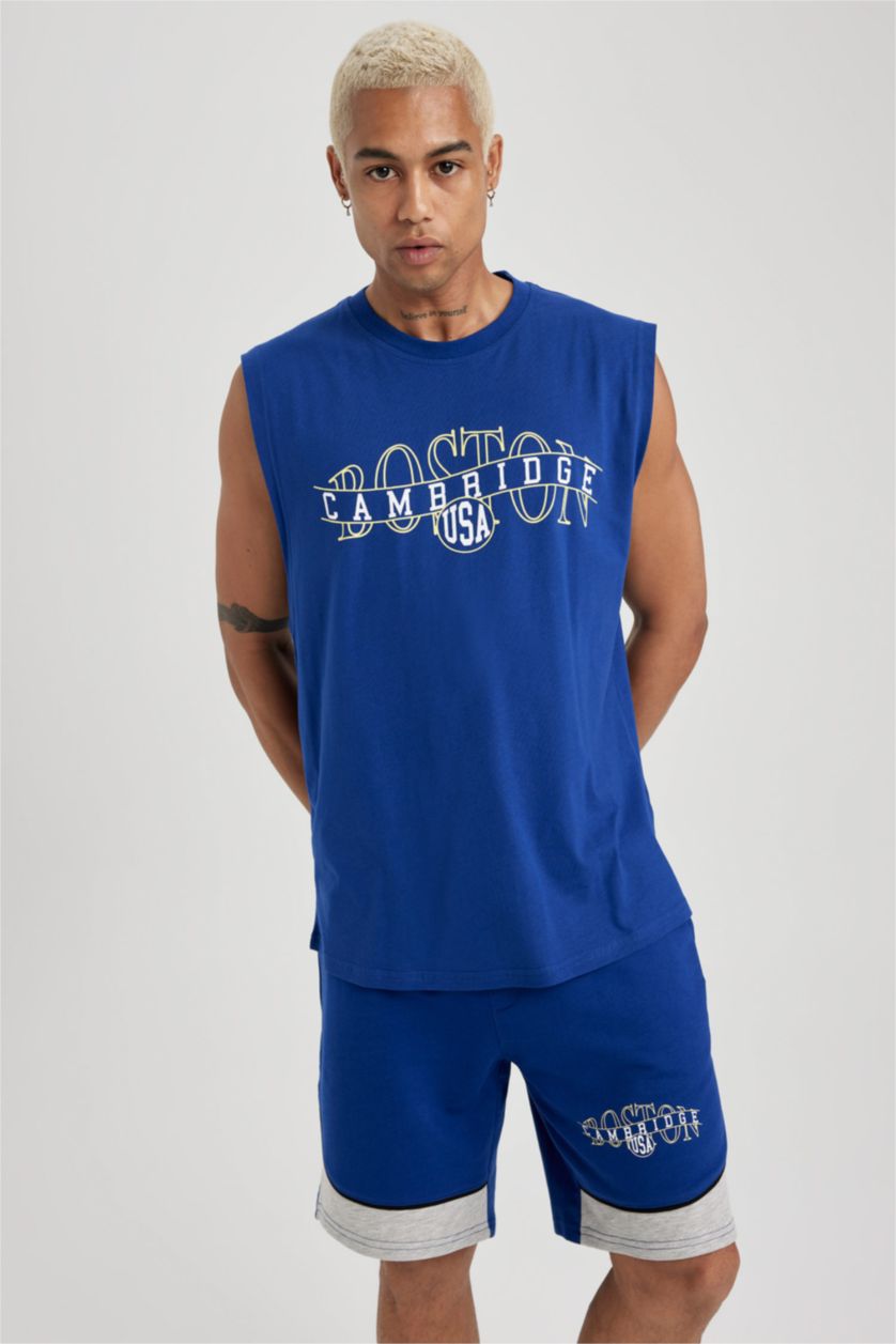 رجال أزرق فاقع تي شيرت اوفر سايز بدون أكمام مطبوع