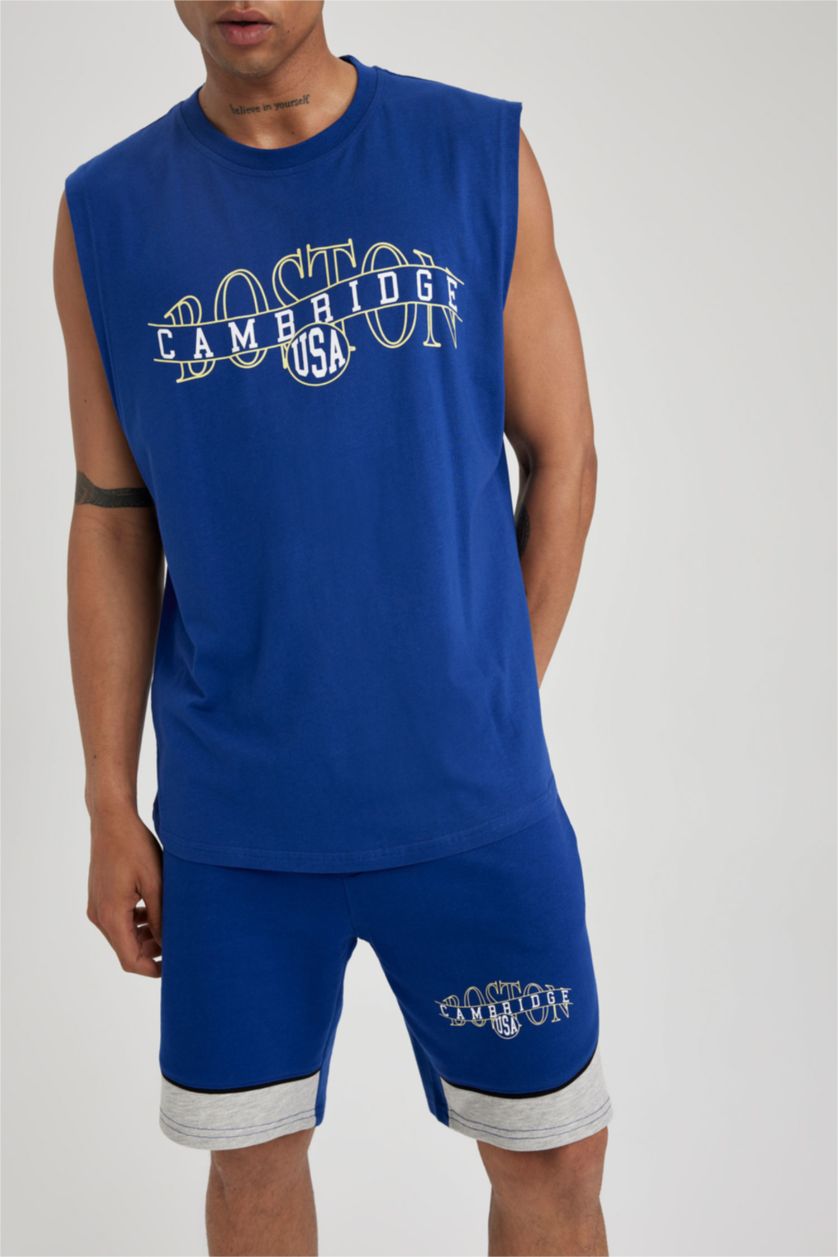 رجال أزرق فاقع تي شيرت اوفر سايز بدون أكمام مطبوع