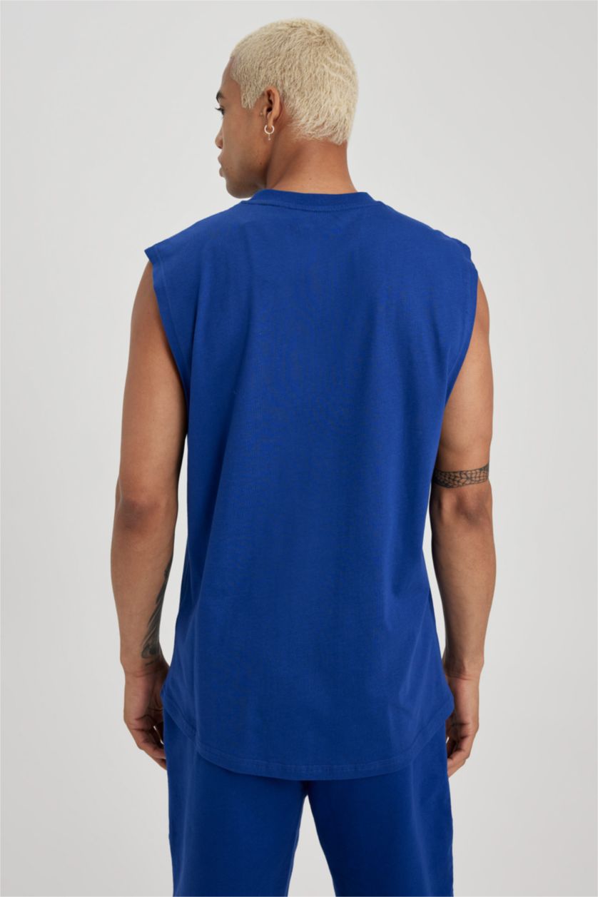 رجال أزرق فاقع تي شيرت اوفر سايز بدون أكمام مطبوع