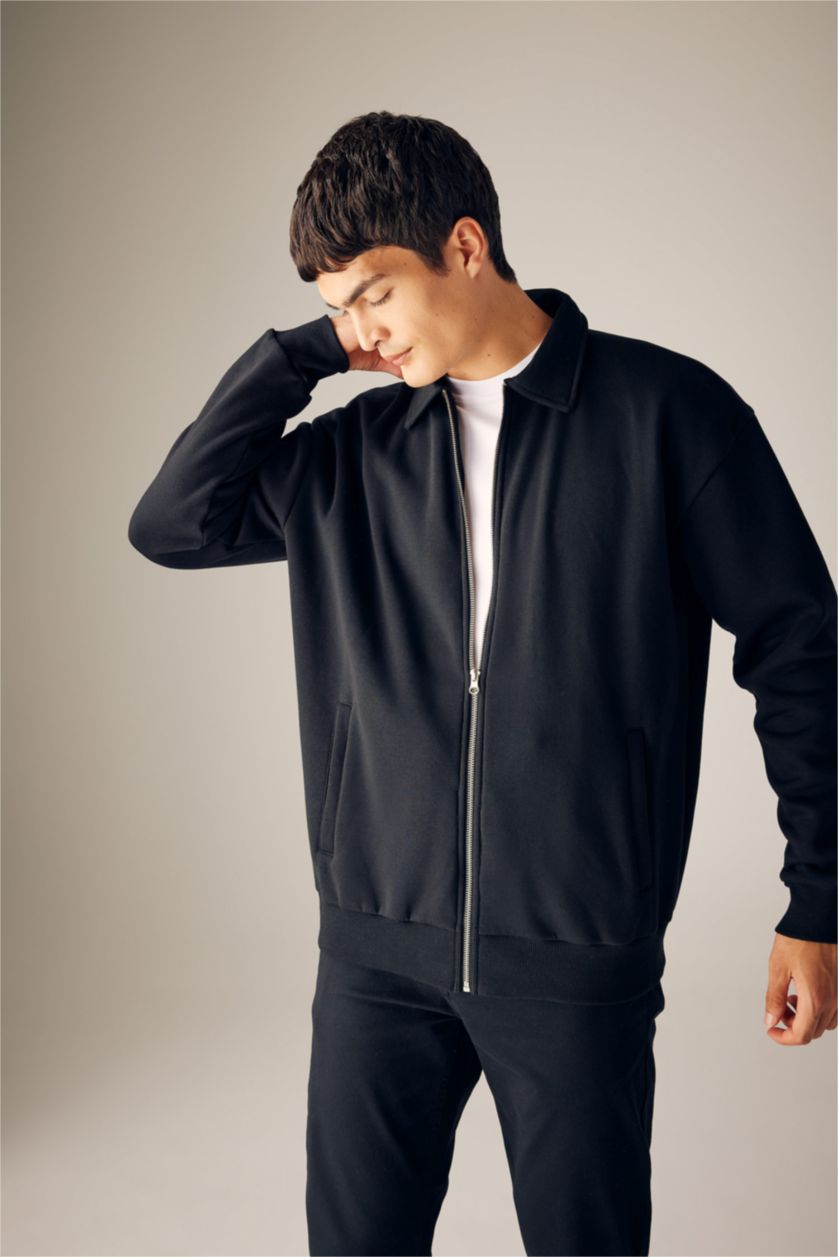 رجال أسود سويتر اوفر سايز ببطانة ناعمة