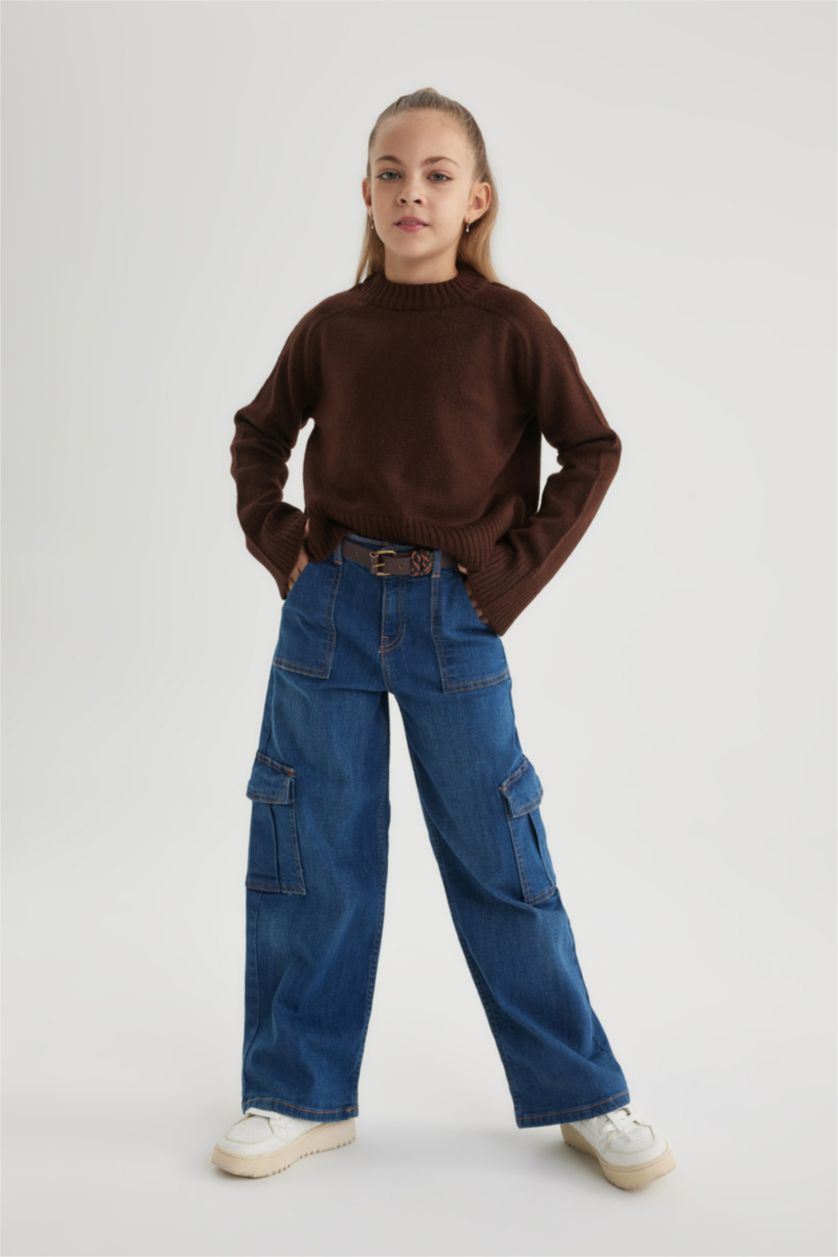 بنات أزرق بنطلون جينز كارجو بناتي برجل واسع وجيب