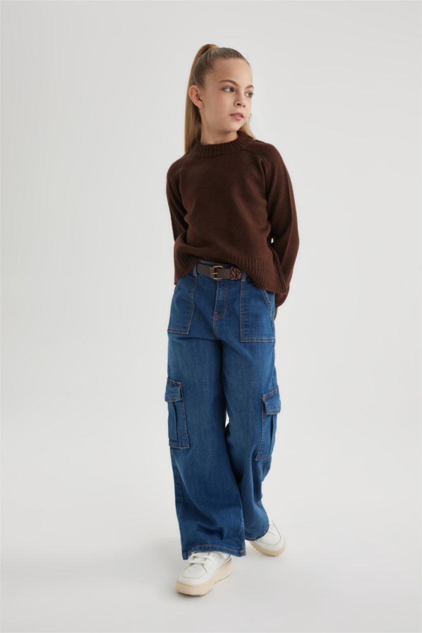 بنات أزرق بنطلون جينز كارجو بناتي برجل واسع وجيب