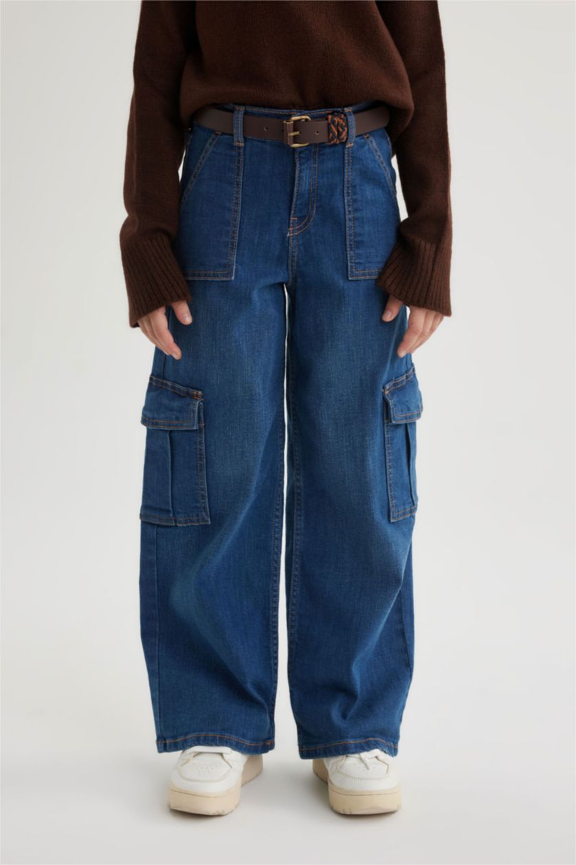 بنات أزرق بنطلون جينز كارجو بناتي برجل واسع وجيب