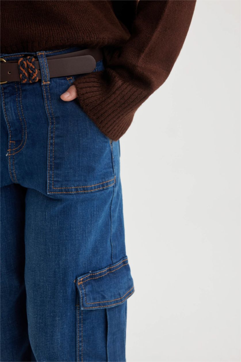 بنات أزرق بنطلون جينز كارجو بناتي برجل واسع وجيب