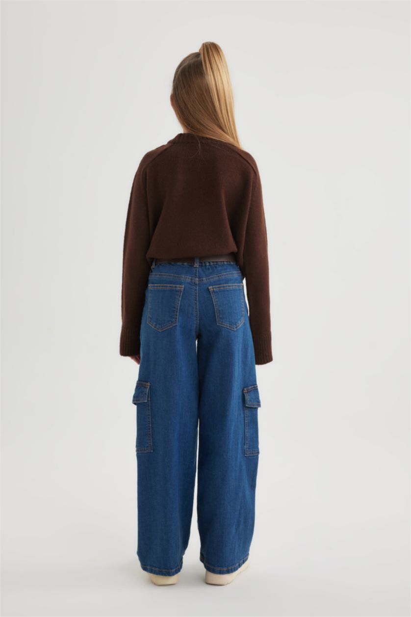 بنات أزرق بنطلون جينز كارجو بناتي برجل واسع وجيب