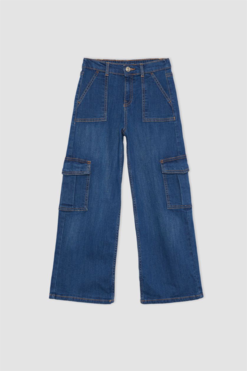 بنات أزرق بنطلون جينز كارجو بناتي برجل واسع وجيب