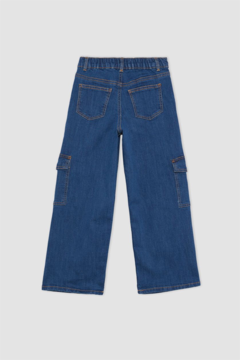 بنات أزرق بنطلون جينز كارجو بناتي برجل واسع وجيب