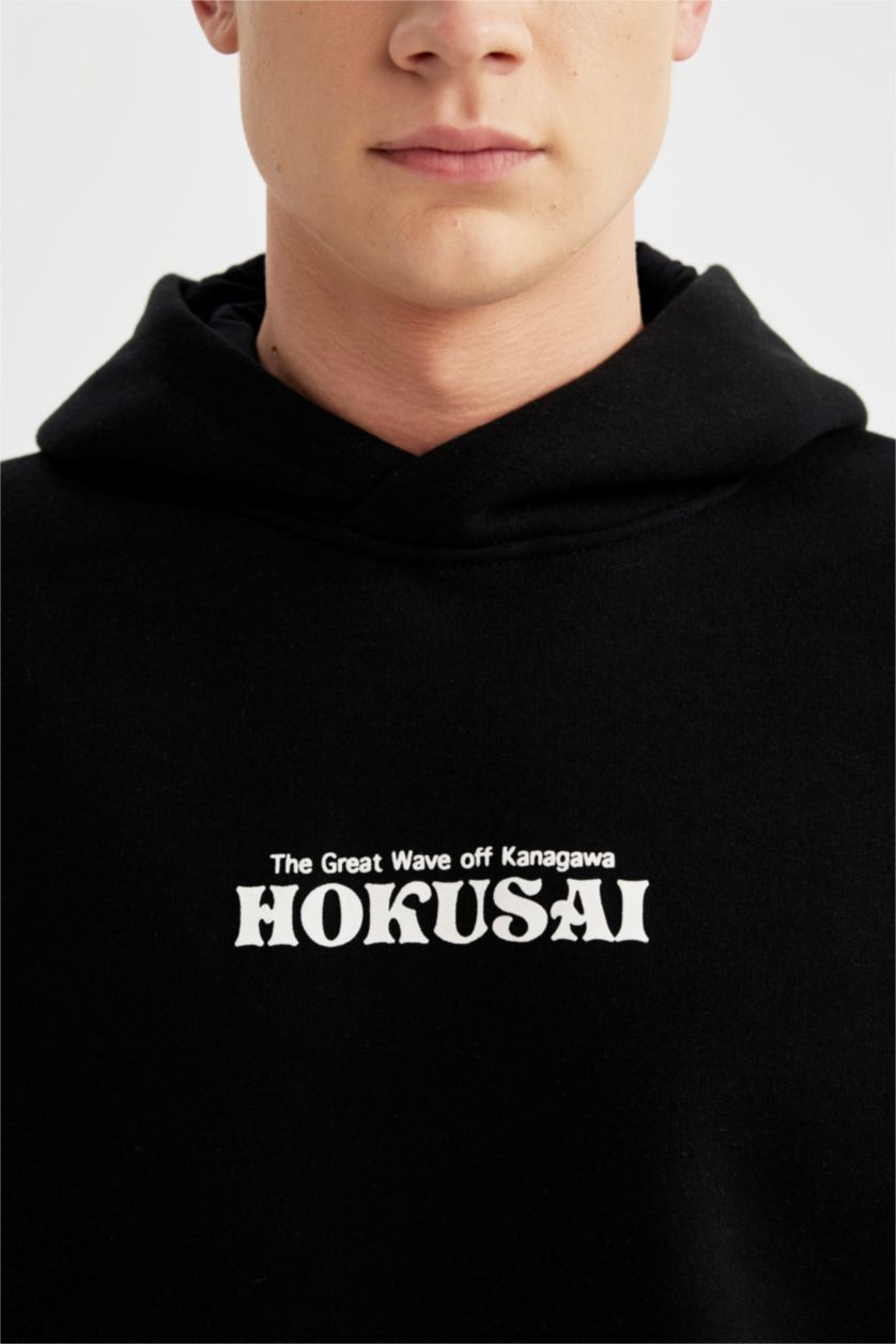Erkek Siyah Art Hokusai Boxy Fit Kapüşonlu Sırt Baskılı Sweatshirt
