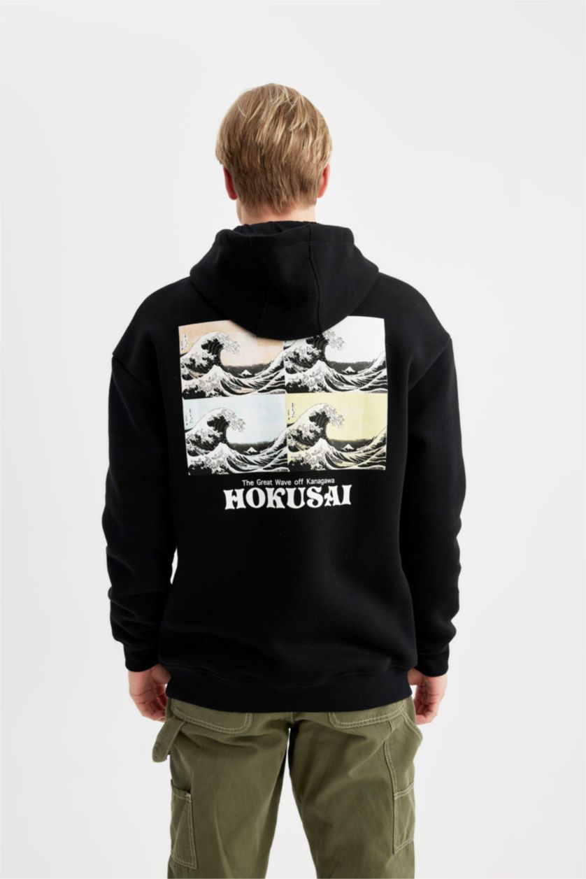 Erkek Siyah Art Hokusai Boxy Fit Kapüşonlu Sırt Baskılı Sweatshirt