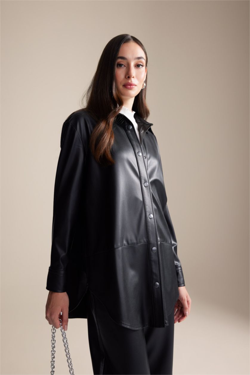 WOMAN Black Relax Fit Faux Leather Shirt Collar Long Sleeve Tunic