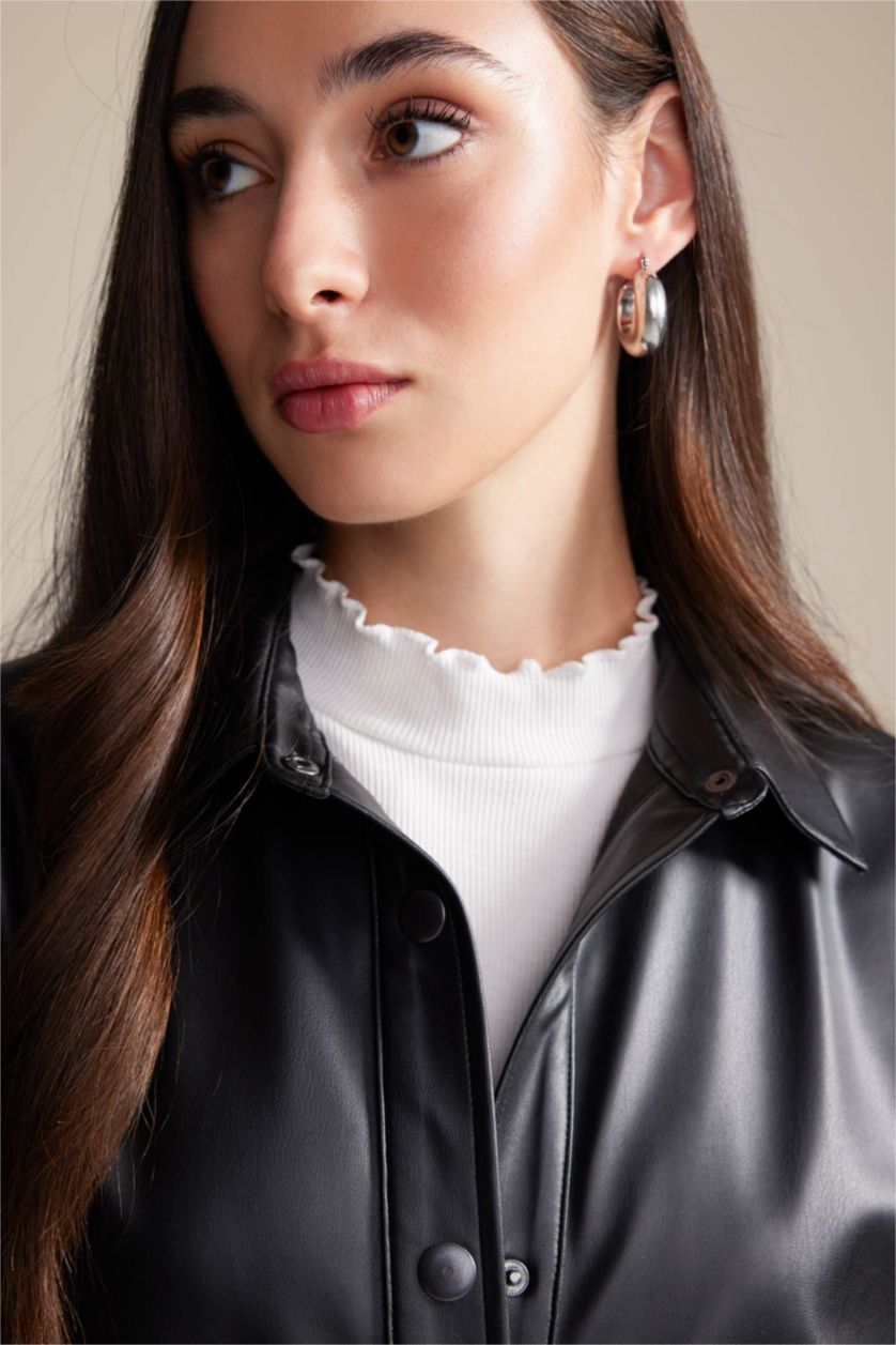 WOMAN Black Relax Fit Faux Leather Shirt Collar Long Sleeve Tunic