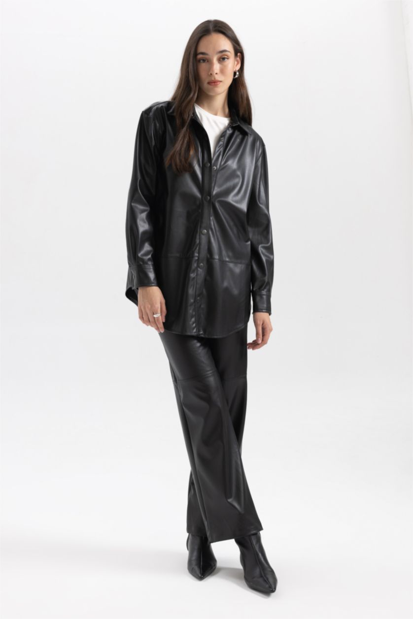 WOMAN Black Relax Fit Faux Leather Shirt Collar Long Sleeve Tunic
