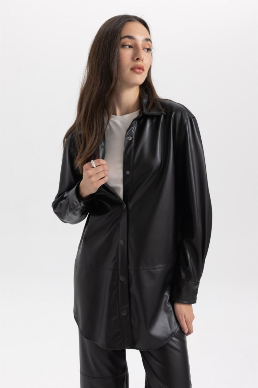 WOMAN Black Relax Fit Faux Leather Shirt Collar Long Sleeve Tunic