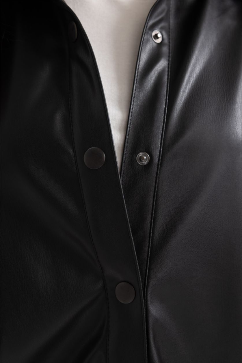 WOMAN Black Relax Fit Faux Leather Shirt Collar Long Sleeve Tunic