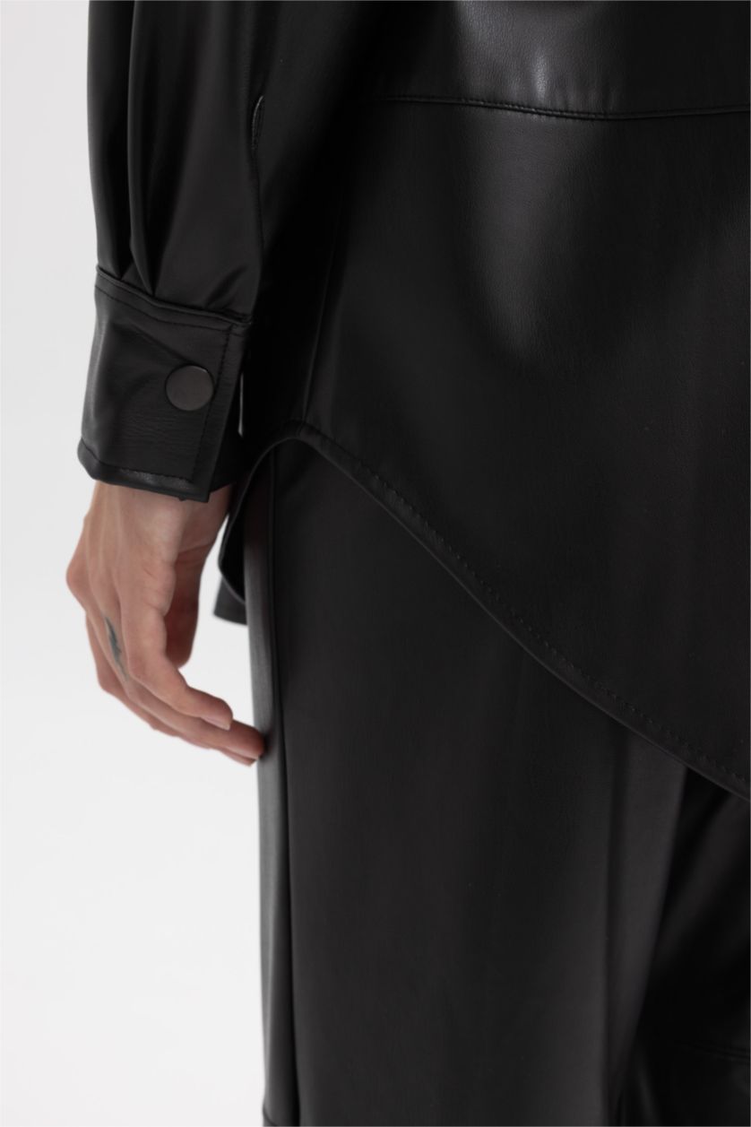 WOMAN Black Relax Fit Faux Leather Shirt Collar Long Sleeve Tunic