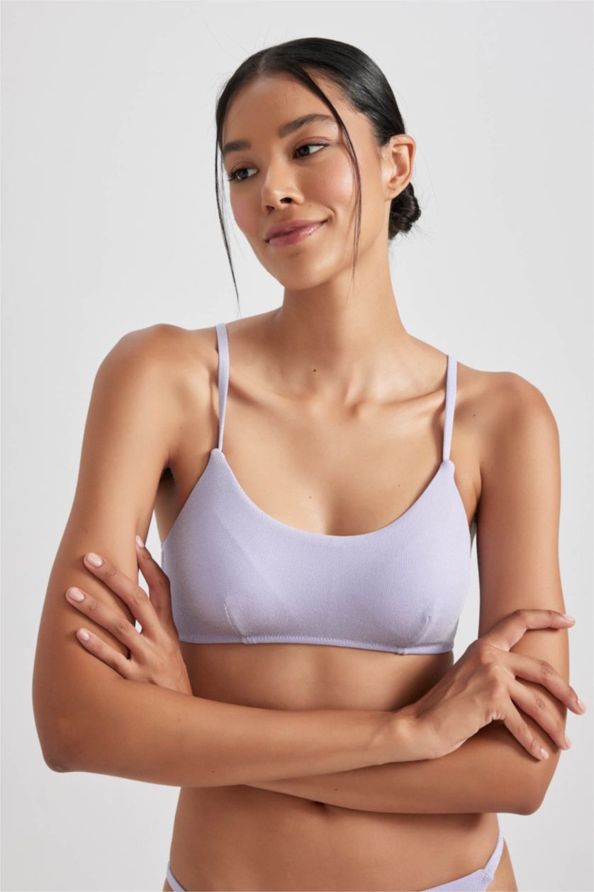 Kadın Lila Regular Fıt Simli Kumaş Bikini Üstü