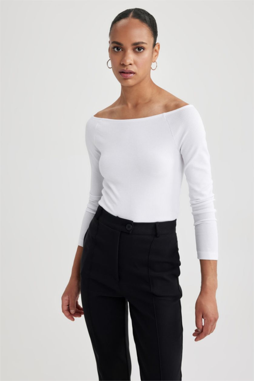 WOMAN White Slim Fit Boat Collar Camisole Long Sleeve T-Shirt