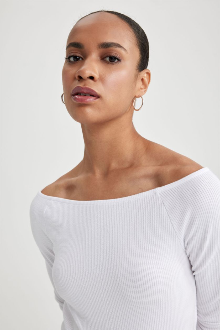 WOMAN White Slim Fit Boat Collar Camisole Long Sleeve T-Shirt