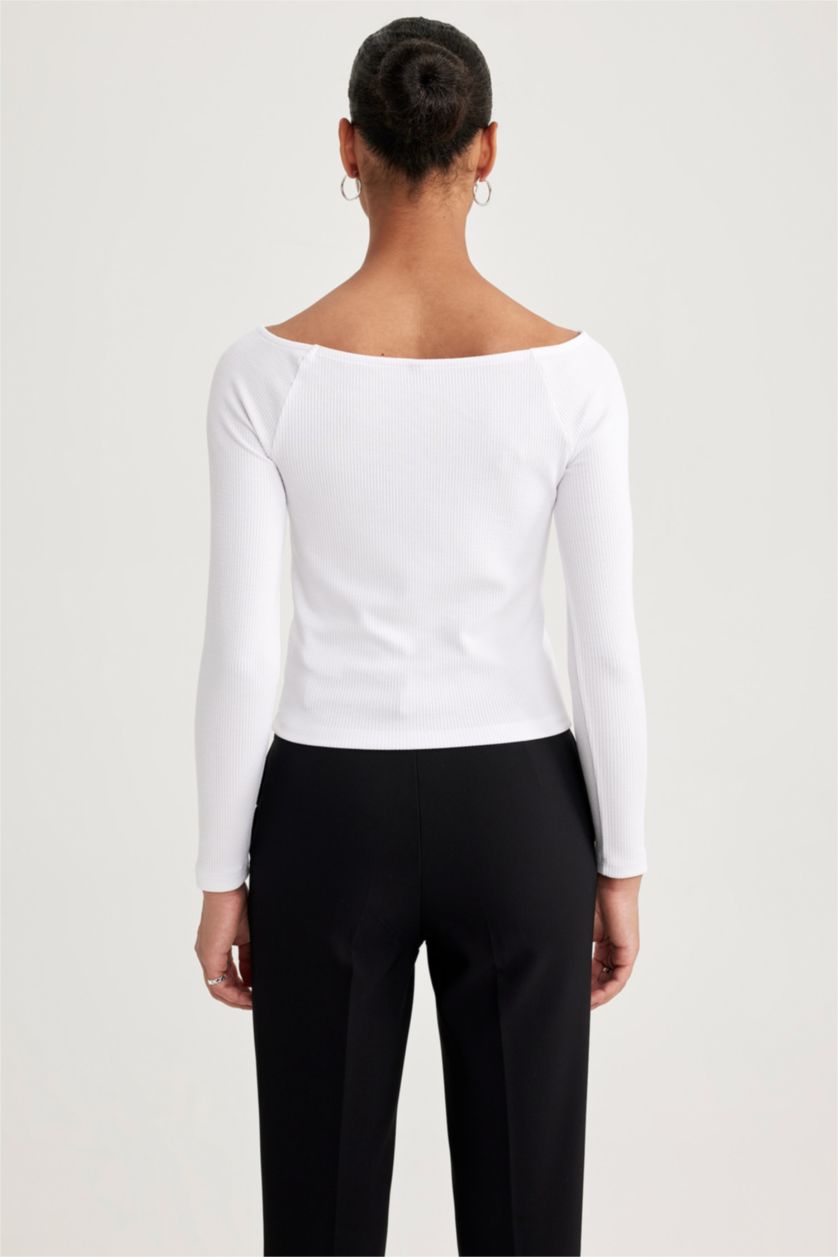 WOMAN White Slim Fit Boat Collar Camisole Long Sleeve T-Shirt