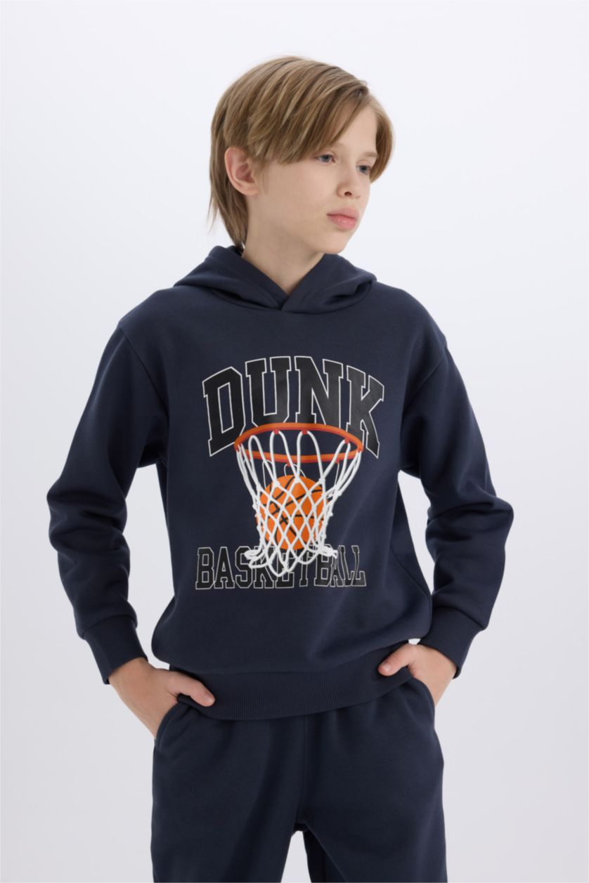 Erkek Çocuk - Genç Erkek Antrasit Erkek Çocuk 2'li Takım Kapüşonlu Baskılı Sweatshirt Beli Paçası Lastikli Eşofman Altı