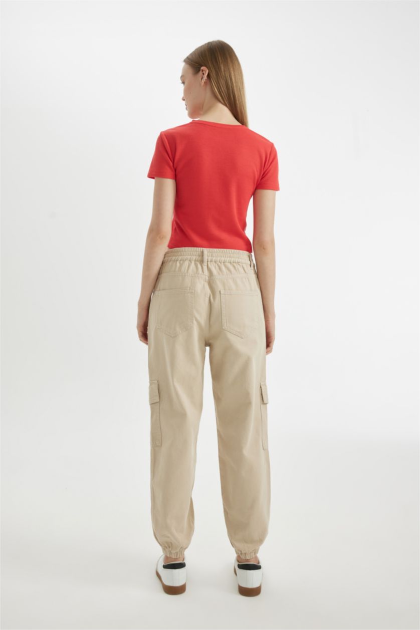 Kadın Taş Jogger Pantolon Gabardin Kumaş Normal Bel Basic Düz Kargo Cepli
