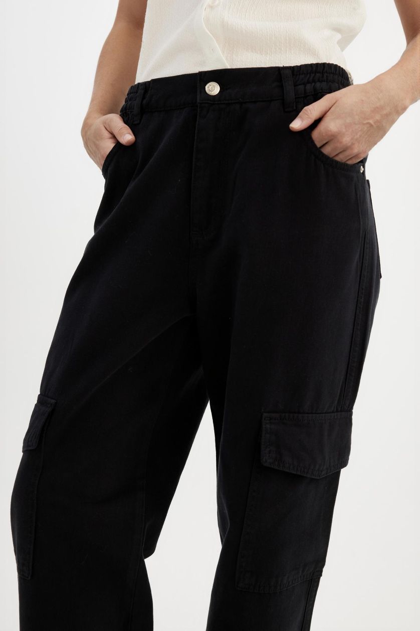Kadın Siyah Jogger Gabardin Pantolon Normal Bel Basic Düz Kargo Cepli