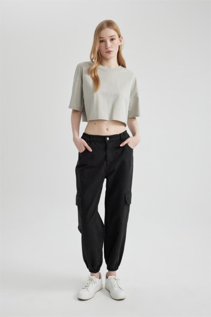 WOMAN Black Cargo Jogger Gabardine Trousers