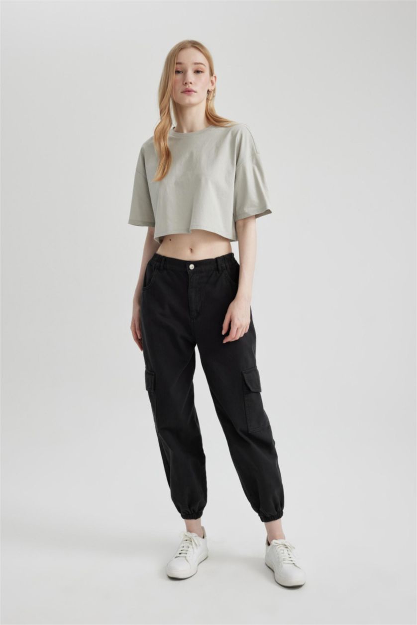 WOMAN Black Cargo Jogger Gabardine Trousers