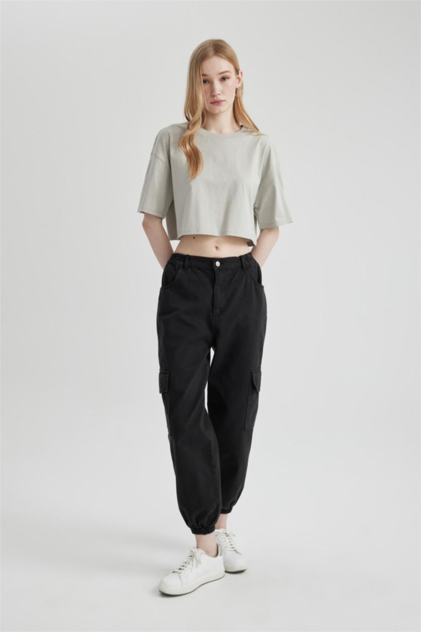 WOMAN Black Cargo Jogger Gabardine Trousers