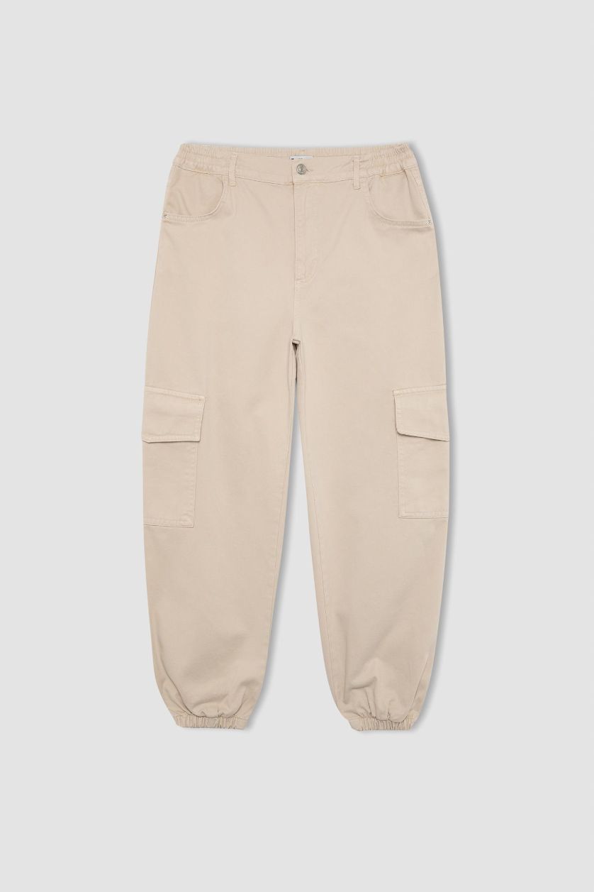 Kadın Taş Gabardin Jogger Pantolon Basic Düz Normal Bel Kargo Cepli