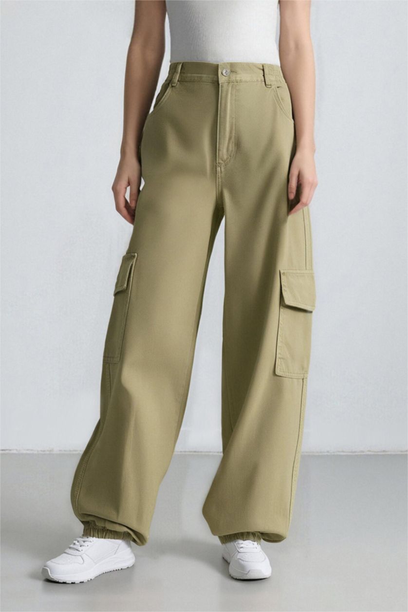 Kadın Haki Jogger Pantolon Gabardin Kumaş Normal Bel Basic Düz Kargo Cepli