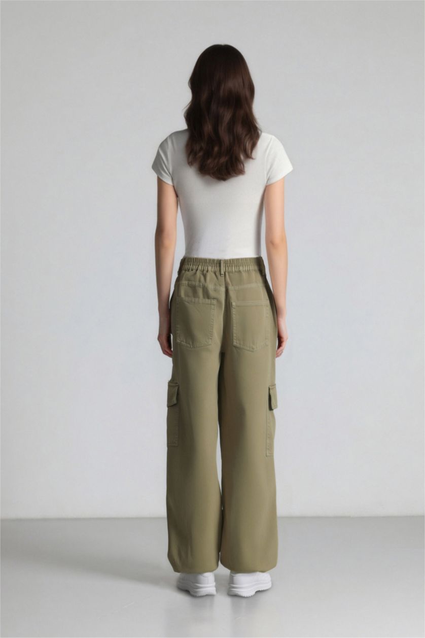 Kadın Haki Jogger Pantolon Gabardin Kumaş Normal Bel Basic Düz Kargo Cepli