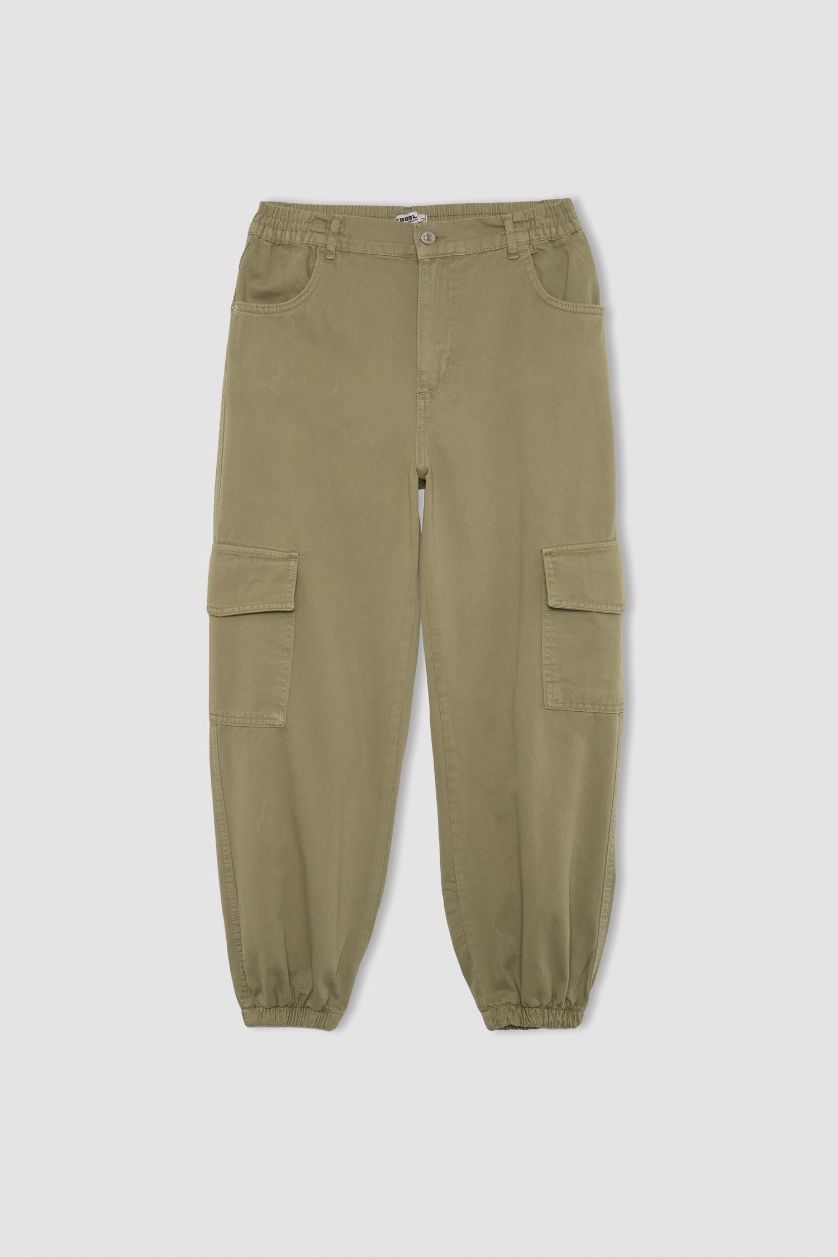 Kadın Haki Jogger Pantolon Gabardin Kumaş Normal Bel Basic Düz Kargo Cepli