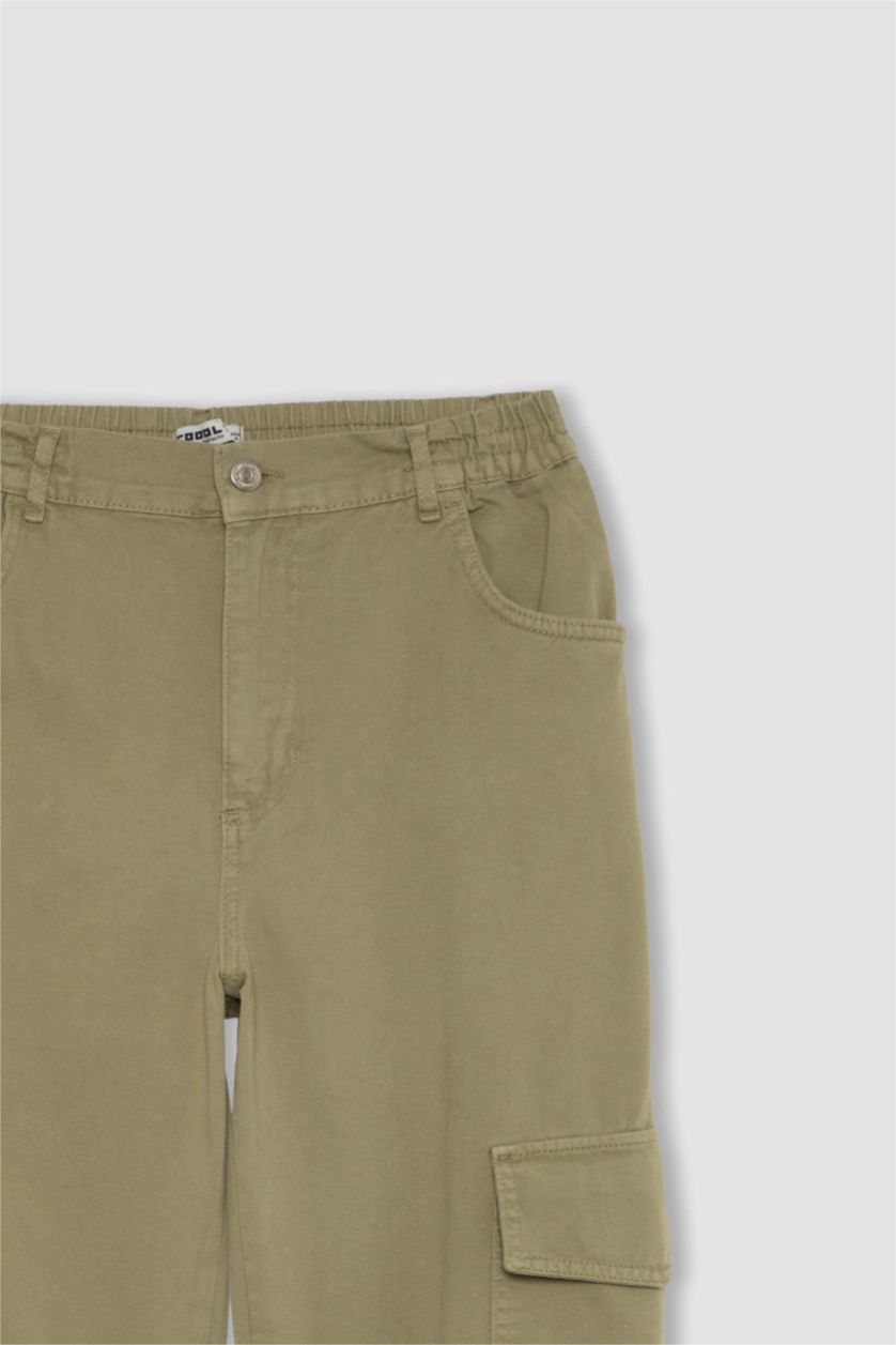 Kadın Haki Jogger Pantolon Gabardin Kumaş Normal Bel Basic Düz Kargo Cepli